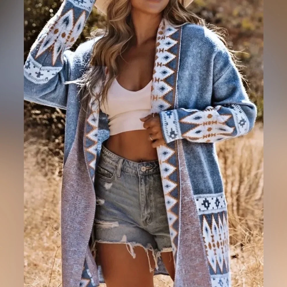 Cardigan Aztec Sweater ~ Long Sleeve Tribal Print Wool Knit Open Front in Blue - Picture 16 of 16